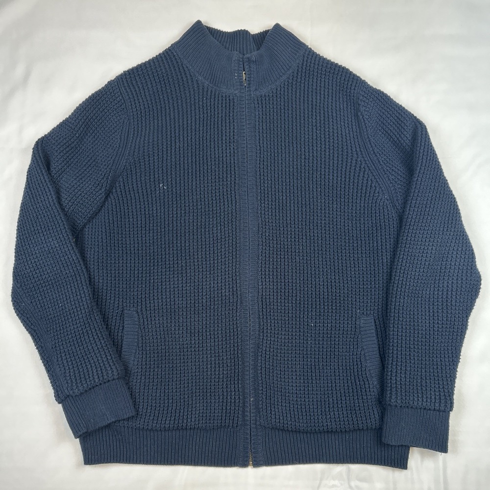 LL Bean Men's L Tall Navy Blue Heavyweight Waffle Knit Sweater Full Zip Lined
